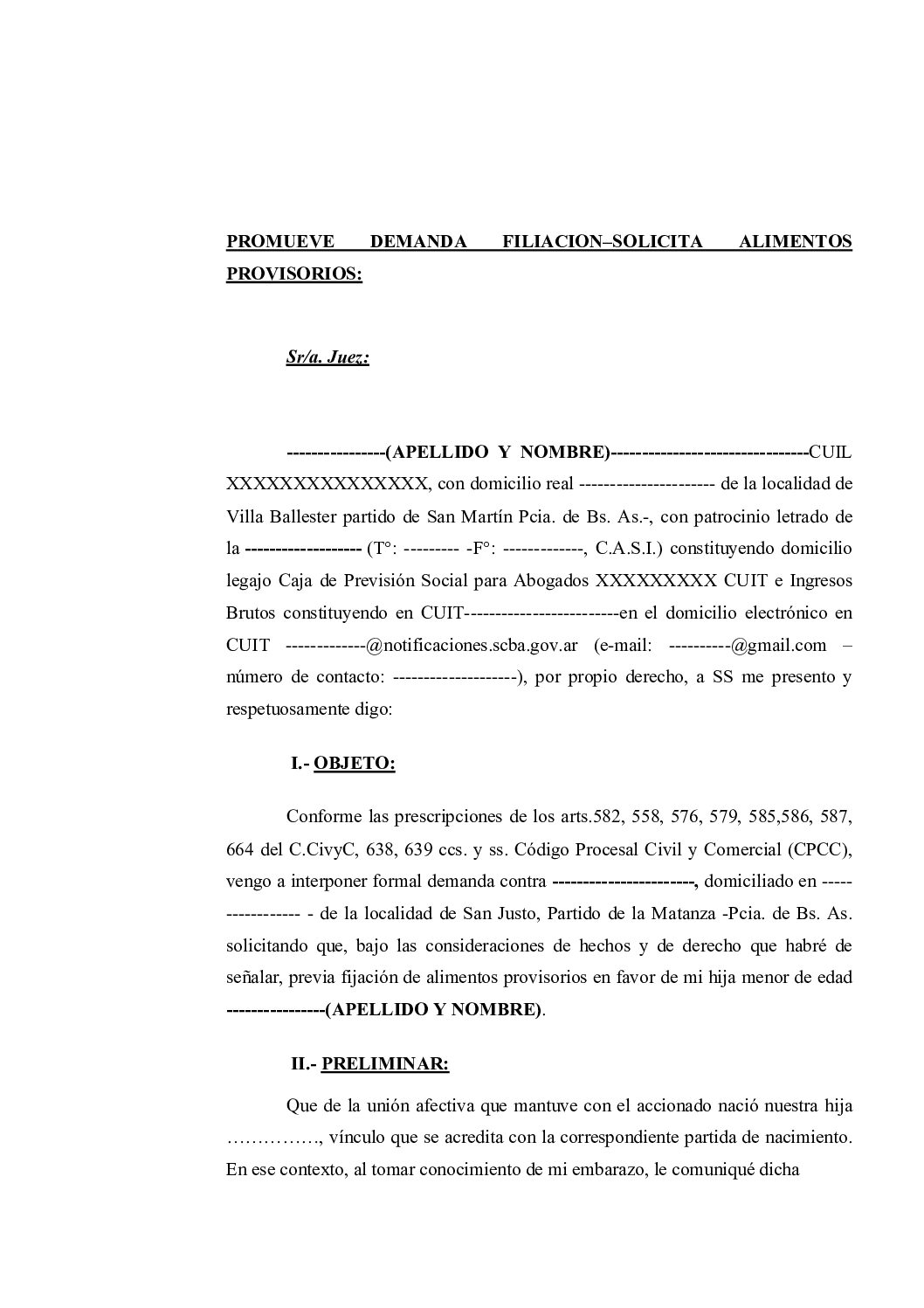 Modelo de Demanda: Filiación Extramatrimonial + Alimentos Provisorios (Medida Cautelar)
