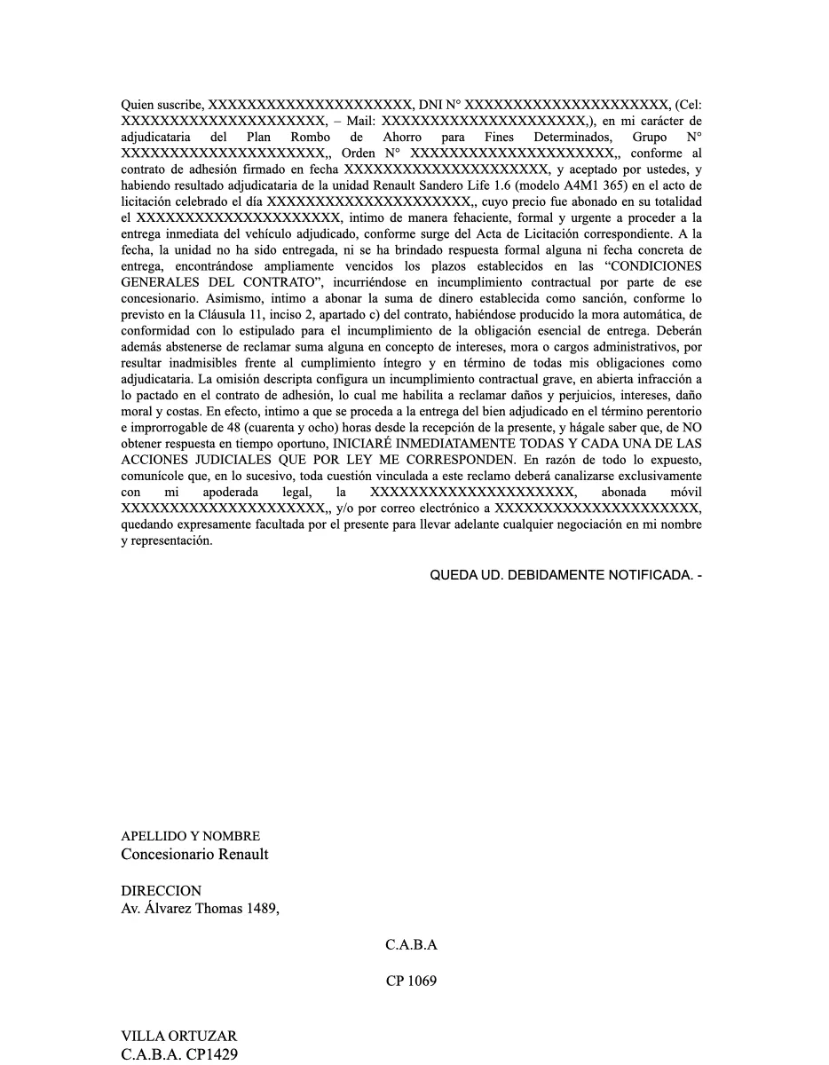 INTIMACION A CONCESIONARIA A ENTREGA DE UNIDAD