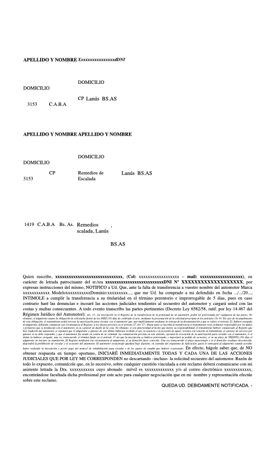 Intimación para la transferencia de un vehículo vendido