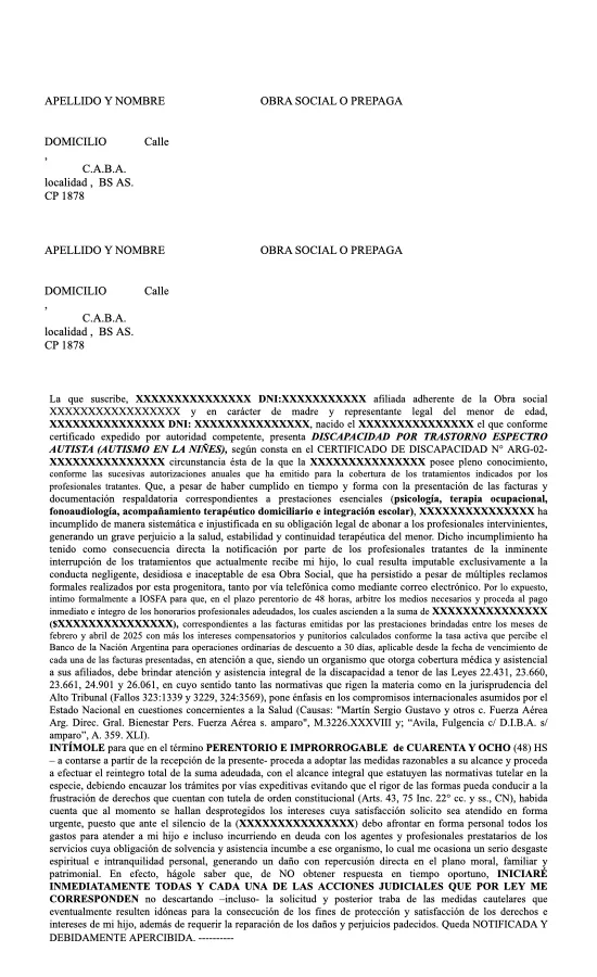 INTIMAR AL PAGO A OBRA SOCIAL POR DISCAPACIDAD