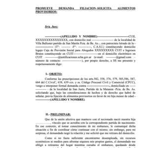 Modelo de Demanda: Filiación Extramatrimonial + Alimentos Provisorios (Medida Cautelar)
