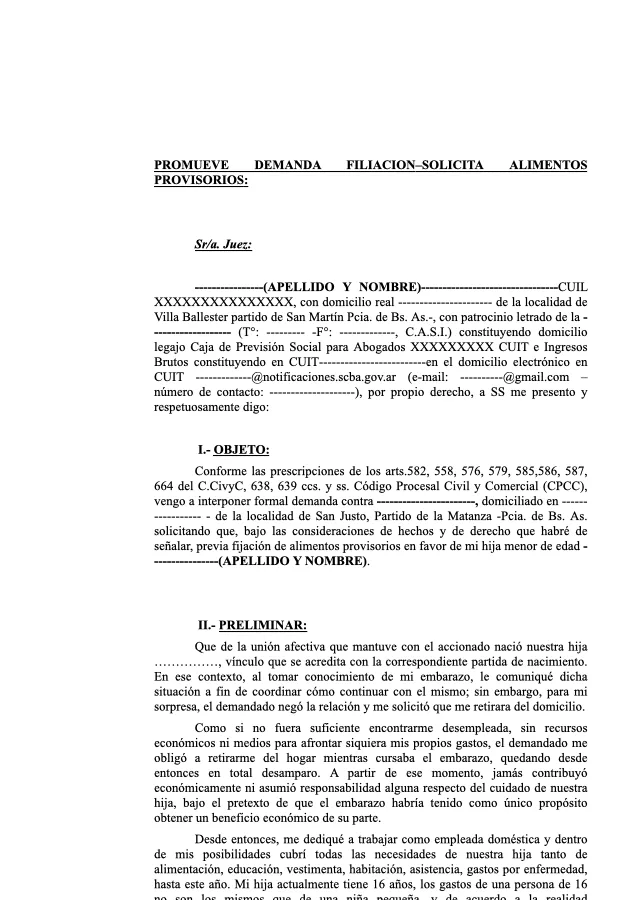 Modelo de Demanda: Filiación Extramatrimonial + Alimentos Provisorios (Medida Cautelar)